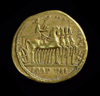 Aureus (Rückseite) von Tiberius (14-37 n. Chr.), den Kaiser in einem Viergespann rechts darstellend. Inschrift: TR POT XVII IMP VII von Roman